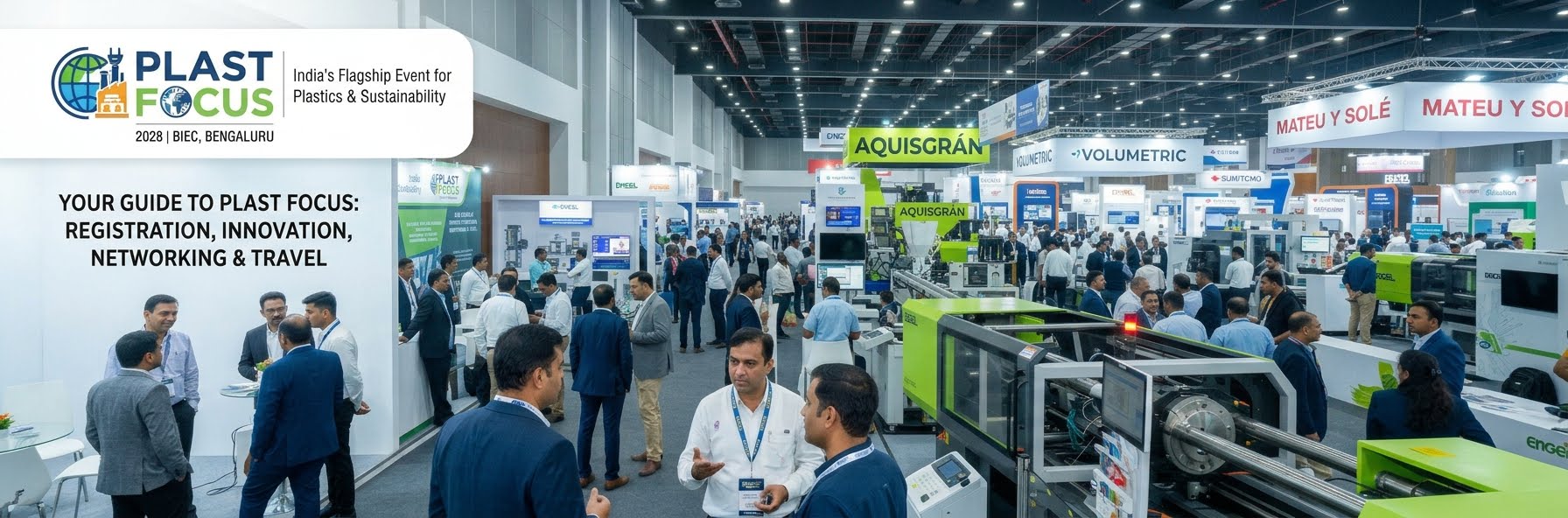Feria PLASTFOCUS en Bengaluru, India, con exposición de maquinaria para transformación de plásticos, tecnología industrial y profesionales del sector.
